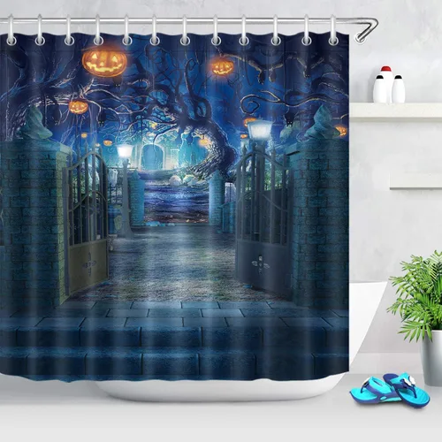 Miniatura 20 de LB Cortina de ducha de Halloween, cementerio de terror, fantasma, gatos negros en árbol, calabaza, cortinas de ducha para baño con ganchos, 60 x 72