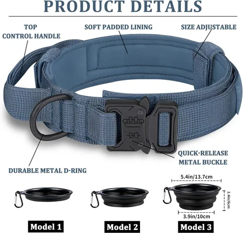 Miniatura 2 de COOYOO Juego de 3 collares tácticos para perros, collar ajustable de nailon para entrenamiento militar con mango de control y hebilla de metal