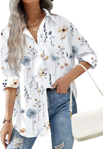 Miniatura 8 de HOTOUCH Camisas de gran tamaño con botones para mujer, blusa de hombro caída para oficina, de manga larga, estilo novio, camisa de vestir