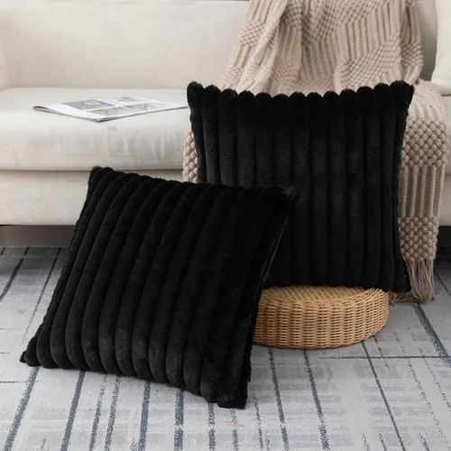 Miniatura 10 de ZLINA Juego de 2 fundas de almohada decorativas de piel sintética color albaricoque, fundas de cojín esponjosas a rayas, 16 x 16 pulgadas