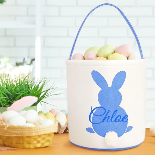 Miniatura 2 de Cesta de lona de Pascua personalizada con asa, cubo de huevo y conejo, color azul