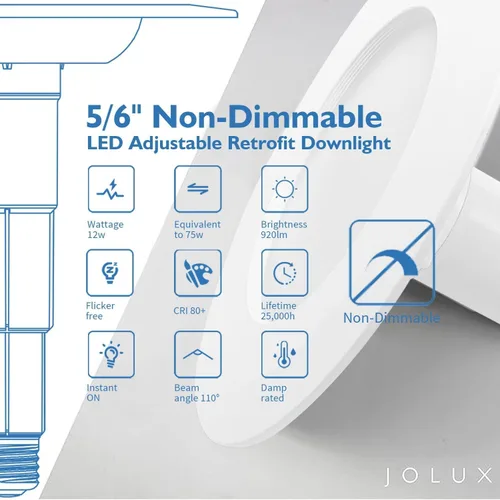Miniatura 3 de Jolux Foco LED ajustable de 5/6 pulgadas no regulable, base de tornillo mediano E26, 12 W = 75 W, 5000 K (luz diurna), 920 lúmenes, iluminación 5000