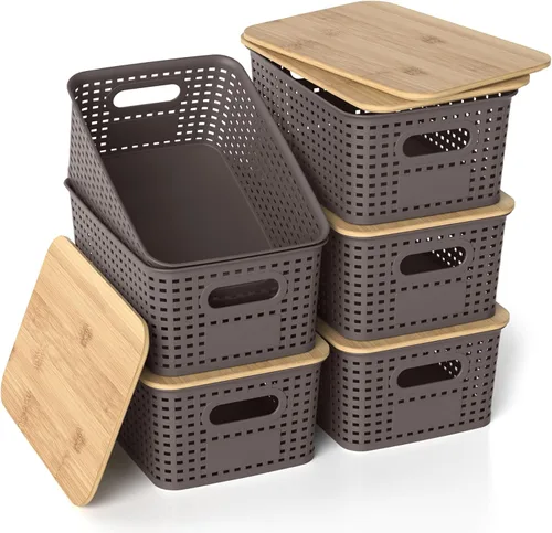 Miniatura 10 de Cestas de almacenamiento de plástico con tapas de bambú, contenedores pequeños apilables para organización y contenedores para estantes, cajones