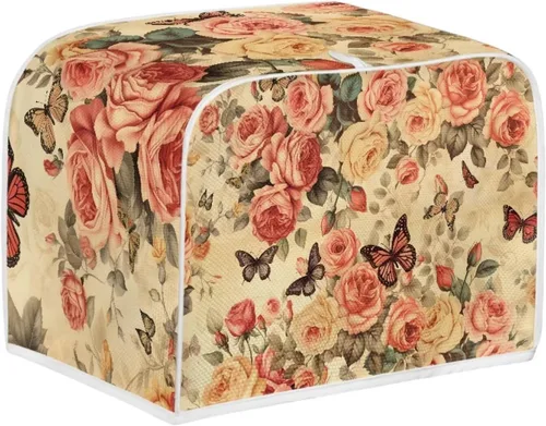 Miniatura 2 de Cubierta para tostadora retro con diseño de rosas y mariposas de 4 rebanadas, horno, tostadora, a prueba de polvo, cubierta de electrodomésticos