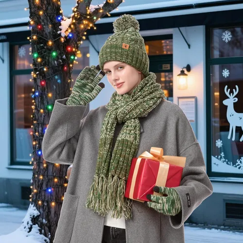 Miniatura 6 de Conjunto de gorro de invierno cálido para mujer con guantes de pantalla táctil, bufanda larga con diseño de pompón, gorra de calavera forrada