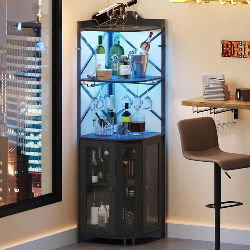 JKsmart Gabinete de Bar de Esquina con Luces LED, Gabinete de Bar de Vino Industrial de 5 Niveles con Portavasos, Gabinetes de Licor Estilo Granja