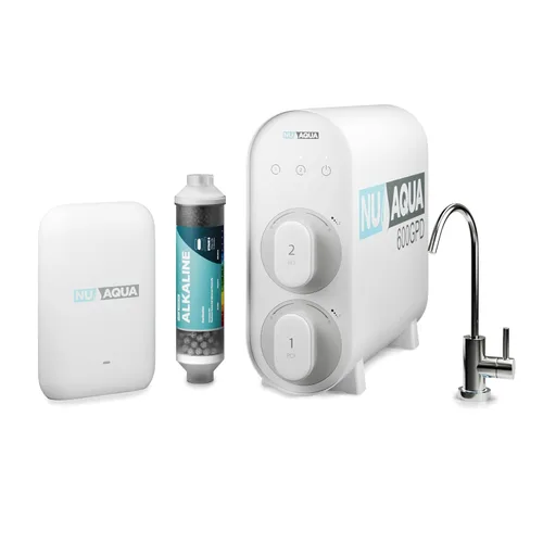 NU Aqua Sistema de ósmosis inversa sin tanque - Sistema de filtro de agua de ósmosis inversa de 5 etapas UV y alcalino debajo del fregadero - 2:1 -