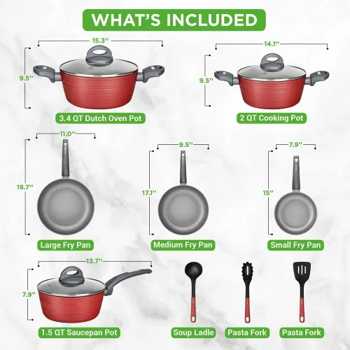 Miniatura 3 de NutriChef Juego de utensilios de cocina antiadherentes rojos profesionales de 12 piezas, sin PFOA/PFOS, laca resistente al calor, diseño elegante