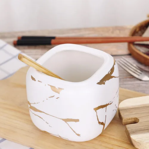 Miniatura 3 de VanEnjoy Recipientes de cerámica con patrón de mármol decorativo para azúcar y especias, tarro de porcelana con tapa y cuchara de bambú, recipiente
