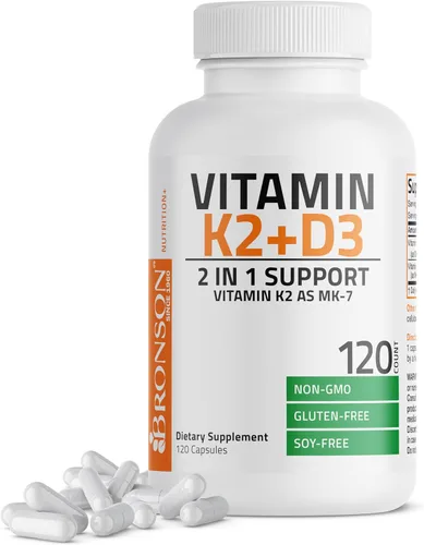 Bronson Vitamina K2 (MK7) con suplemento D3 Fórmula no OGM 5000 UI de vitamina D3 y 90 mcg de K2 MK-7 Fácil de tragar Complejo de vitamina D y K,
