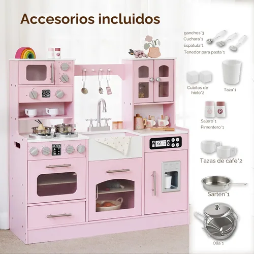 Miniatura 6 de Cocina de madera para niños pequeños y niños con luces y sonidos, gran juego interactivo con máquina de hielo, estufa, fregadero, horno, 12