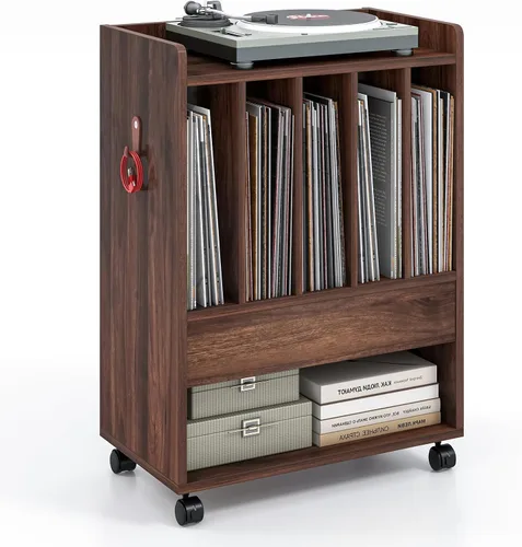 Miniatura 11 de Giantex Soporte para tocadiscos, soporte giratorio con cajón, gancho y ruedas con bloqueo, estante de exhibición de discos de vinilo con capacidad