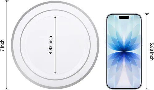 Miniatura 2 de BESTVIP 100 piezas de platos de postre de plástico plateado de 7 pulgadas, plato desechable con borde plateado para ensalada/pastelitos pequeños
