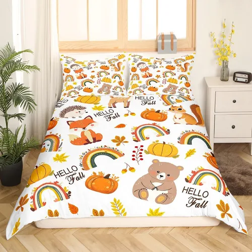 Miniatura 3 de Juego de funda de edredón de otoño, tamaño individual, diseño de hojas de calabaza, dibujos animados, arcoíris, zorro, oso, ciervo, para niños