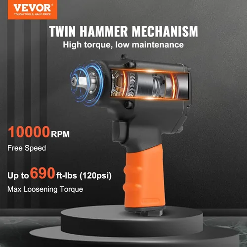 Miniatura 3 de VEVOR Llave de Impacto Neumática, Pistola de Impacto Neumática de Transmisión de 3/8 Pulgadas, Hasta 690 ft-lbs de Torque de Aflojamiento