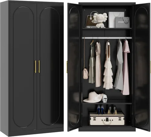 Miniatura 13 de Armario de almacenamiento de metal con puertas, armario pequeño de armario, armario de pared de almacenamiento negro, gabinetes de ropa de 15