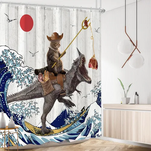 Miniatura 8 de Cortina de ducha divertida con gato y dinosaurio, cortina de baño fresca y genial con olas del océano japonés, cortinas impermeables de tela