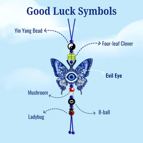 Miniatura 5 de Adorno colgante de auto de mal de ojo, dije de buenos días de la suerte, 8 bolas, hongo, trébol de cuatro hojas, mariquita, símbolo Yin Yang