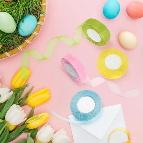 Miniatura 6 de WILLBOND Cinta de organza de 50 yardas, estilo Pascua, de gasa, transparente, color rosa polvorienta, manualidades para el día de Pascua, boda