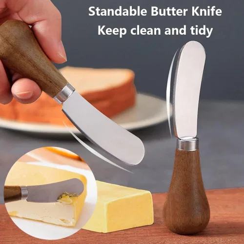 Miniatura 2 de Paquete de 2 cuchillos esparcidores de mantequilla de pie, cuchillos esparcidores de queso de acero inoxidable con mango de madera, cuchillos
