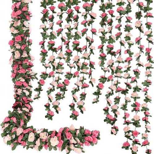 Miniatura 12 de Flores falsas, 10 unidades, plantas artificiales de vid de rosas colgantes, hiedra rosa para el hogar, hotel, oficina, boda, fiesta, jardín