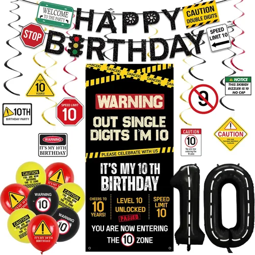 Roetyce Decoraciones de cumpleaños número 10 para niños y niñas, pancarta negra de un dígito con la frase "I'm 10", globos colgantes en espirales,