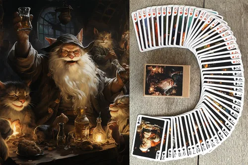 Miniatura 7 de Naipe de cuento de hadas de Navidad (baraja de póquer 54 cartas todas diferentes) Arte ingenuo Adorable Navidad Niñas Hadas Perros y Gatos Paisajes