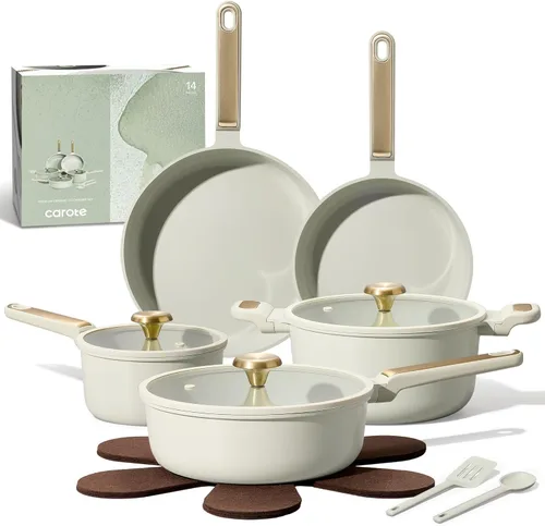 CAROTE Juego de utensilios de cocina de cerámica antiadherente, 14 ollas y sartenes antiadherentes, no tóxico y sin PFAS, lavavajillas, juego de