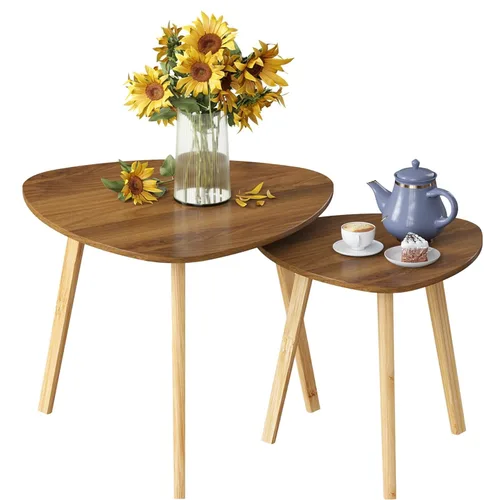 Miniatura 7 de BAMEOS Mesa auxiliar triangular anidable de bambú, juego de 2 mesas de café modernas y minimalistas para sala de estar (Nogal)