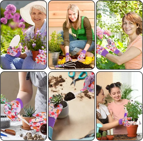Miniatura 7 de Juego de herramientas de jardín, 10 piezas de herramientas de jardinería con estampado floral, mango ergonómico, rastrillo de pala, tijeras
