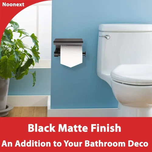 Miniatura 6 de Soporte para papel higiénico negro mate, soporte para rollo de papel higiénico con estante, adhesivo 3M, sin taladro o montado en la pared