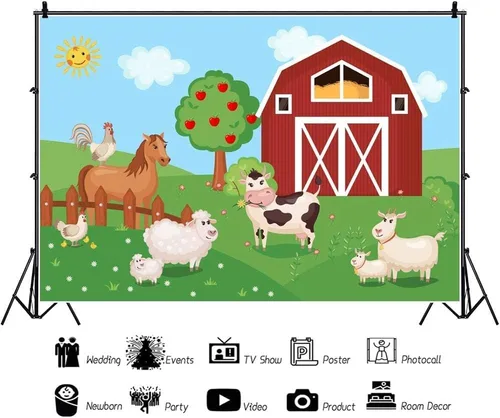 Miniatura 3 de Renaiss Fondo de animales de granja de 5 x 3 pies, diseño de dibujos animados, puerta de granero roja, granjero, granja, granja, fotografía, fondo