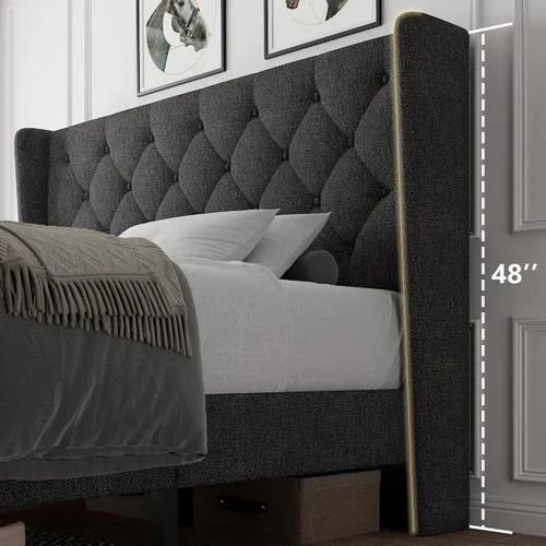 Miniatura 7 de iPormis - Base de cama tapizada de tamaño completo con cabecera capitonada con botones, base de cama tapizada con listones de madera sólidos, 20 cm