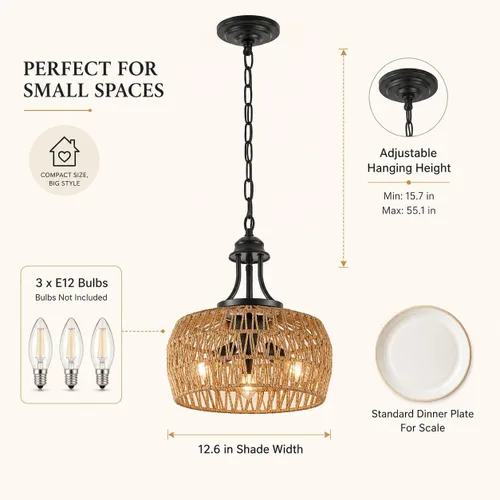 Miniatura 3 de Lámpara de araña bohemia de granja de 12.6 pulgadas para comedor, lámpara de ratán de 3 luces con pantalla tejida, iluminación colgante costera