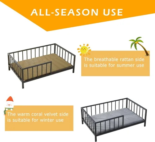 Miniatura 4 de OSCHF Cama para perros con rieles, marco de cama elevado de metal para mascotas con tablero de madera maciza y tapete suave lavable para perros Negro