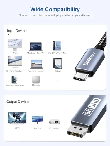 Miniatura 7 de dockteck Cable USB C a DisplayPort de 6 pies/6.6 ft, 8K tipo C a DP 1.4, Thunderbolt 3 a cable Displayport de 32.4 Gbps UHD 8K @30Hz/4K a 144Hz/2K a