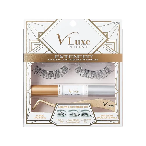 VLuxe by iEnvy Extended Collection: Kit de iniciación de extensión de pestañas con 10 pares de alargamiento natural, aplicador y unión y sello,
