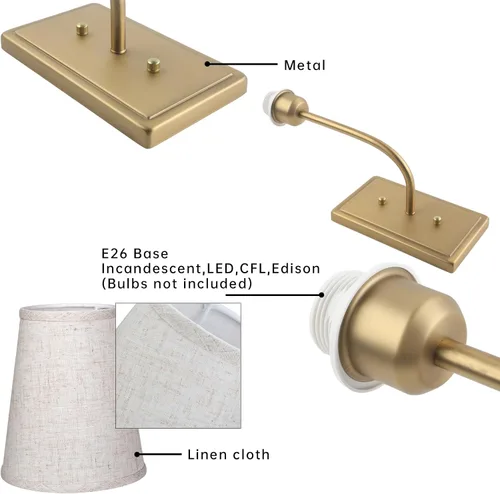 Miniatura 6 de Aplique de pared de latón de granja, 1 luz, pantalla de tela de lino, lámpara de pared interior con cable para dormitorio, sala de estar, tocador