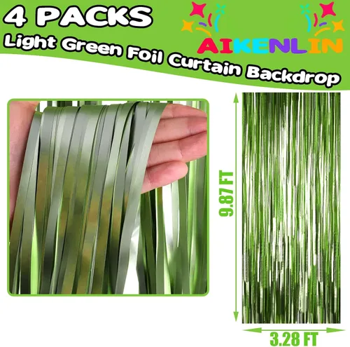 Miniatura 2 de Paquete de 4 cortinas de flecos de papel de aluminio de color verde claro de 3.2 pies x 9.8 pies, cortinas de flecos metálicos de oropel