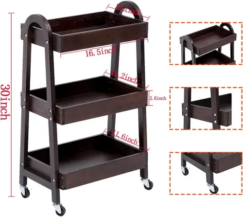 Miniatura 2 de Carrito de 3 niveles para manualidades, carrito de almacenamiento delgado con ruedas, carrito de madera con ruedas, organizador de baño, carrito