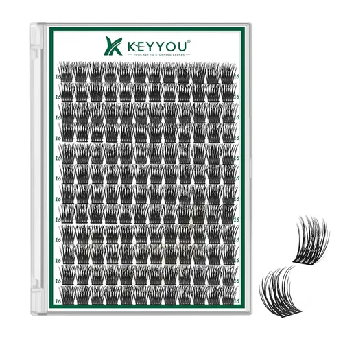 Miniatura 43 de KEYYOU Racimos de pestañas, 96 piezas de extensiones de pestañas DIY, rizado D de 16 mm, negro, realista, no irritante, fácil de colocar en casa