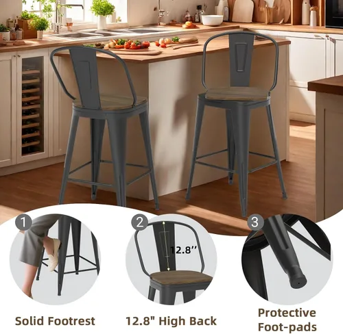 Miniatura 3 de Juego de 4 taburetes de bar giratorios de 24 pulgadas, taburetes de bar industriales con patas de metal resistentes, taburetes de bar con respaldo
