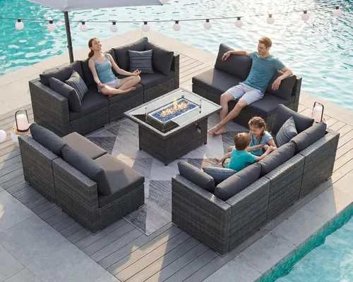 Miniatura 61 de BULEXYARD Juego de 7 piezas de sofá seccional para exteriores con respaldo alto, mesa para fogatas, juego de muebles de patio de mimbre resistente a