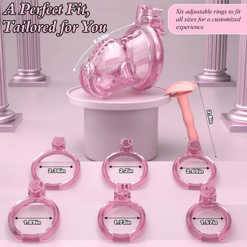 Miniatura 3 de Jaula de castidad masculina – Jaula de pene rosa ligera con parte delantera de plástico suave y anillos de 6 tamaños, cómodo dispositivo de castidad