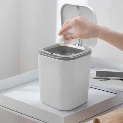 Miniatura 6 de Vababa Cubo de basura pequeño gris de 0.5 galones, mini bote de basura con botón
