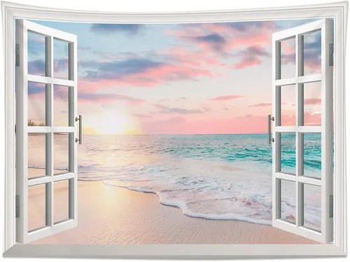 Miniatura 17 de HVEST Tapiz de playa para colgar en la pared, paisaje tropical azul océano, tapiz natural para dormitorio, palmera verde con cielo azul, nube