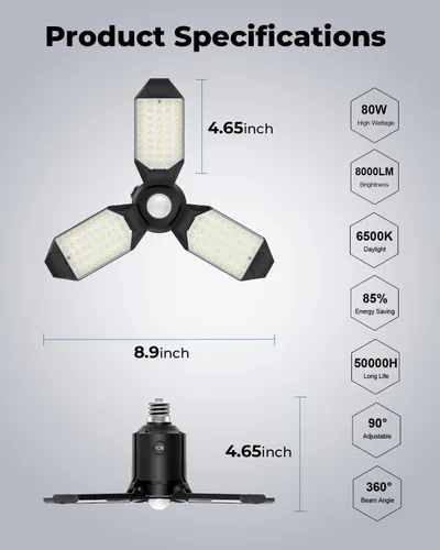 Miniatura 7 de toberich Luz de garaje con sensor de movimiento, luz de taller con sensor de movimiento de 8000 lm con 3 modos de interruptor, bombilla activada por