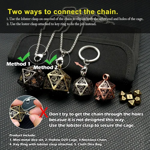 Miniatura 8 de Haxtec Mini Juego de Dados de Metal DND con Estuche de Cuello Hueco Juego de Dados de Metal Pequeños Antiguos Juego de Llaveros D&D Portátil Juego