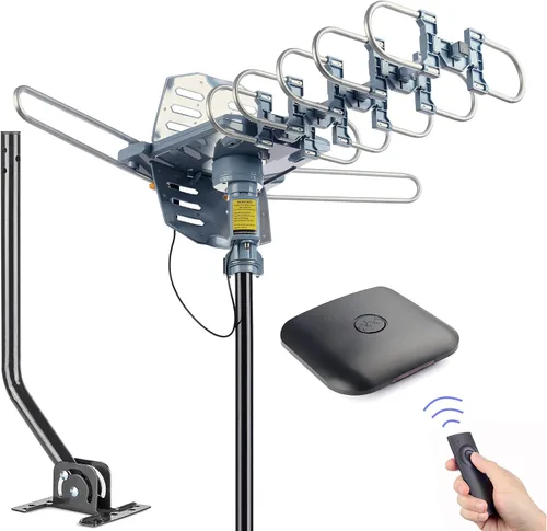 PBD - Antena de TV digital HD para exteriores de 150 millas motorizada con rotación de 360 grados con poste de montaje y cable coaxial RG6 de 40