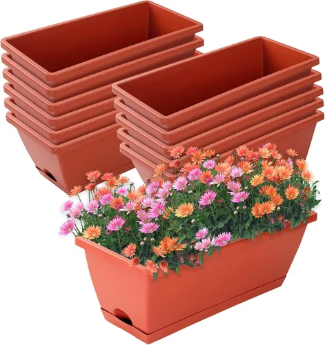 Miniatura 8 de CHUKEMAOYI Macetero para ventana, paquete de 7 macetas de plástico para verduras, macetas rectangulares de 17 pulgadas con platillos